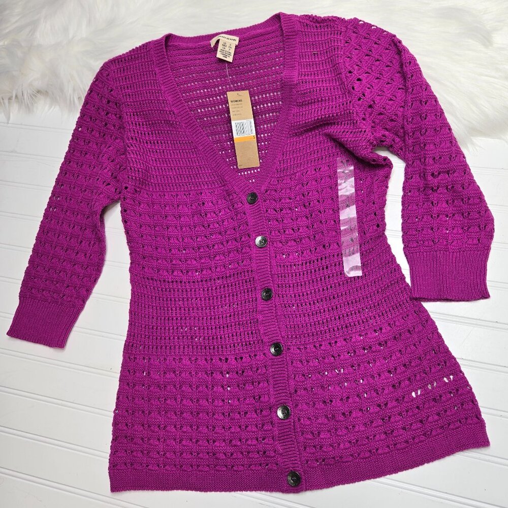 NWT DKNY Women's Size Small Crochet V-Neck 3/4 Sleeve Button up Sweater Magenta